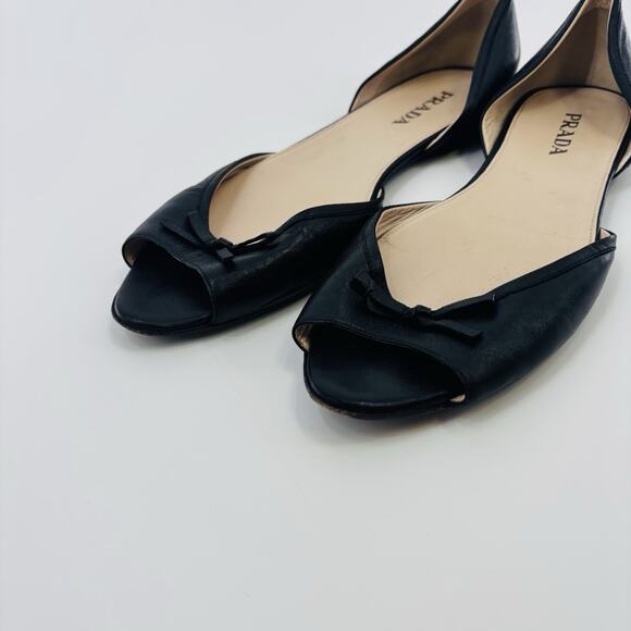 Prada Leather D'orsay Flats Slip On Open Toe Shoes Black Size 39.5 /US 9 Women - Picture 4 of 8